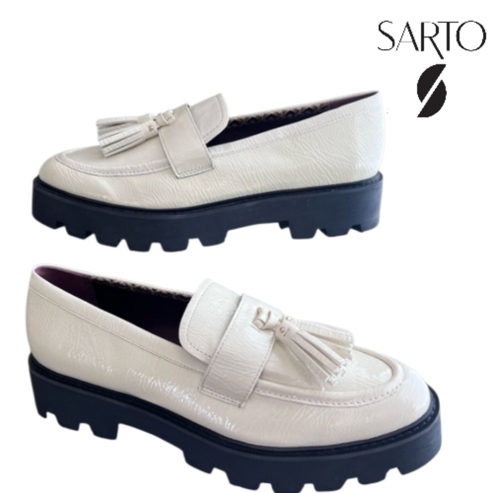 SARTO (FRANCO) Women's Tassel Loafers Putty (Cream) Black Chunky Heel Size 7M